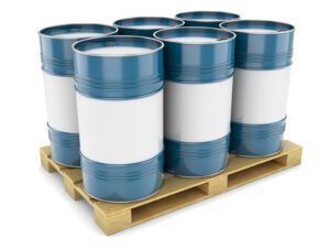 Primary Containers - Blue steel barrels on pallet
